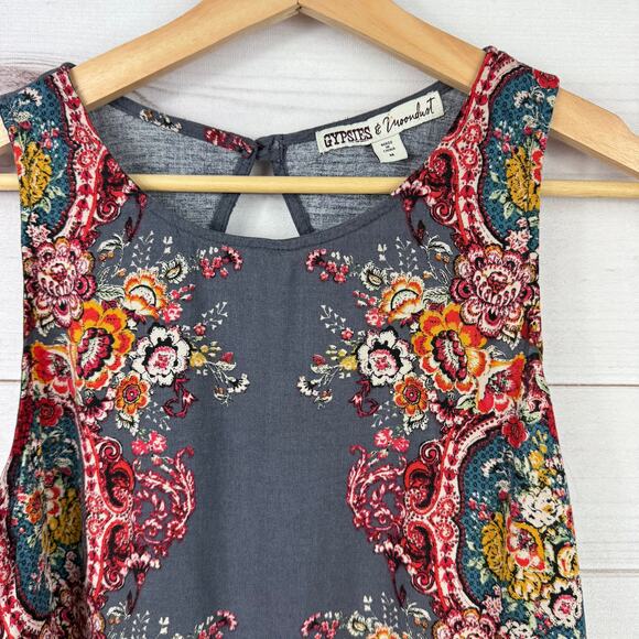 Gypsies & Moondust Blouse Tank Top Size M Gray Floral Print Sleeveless‎ Women's - Picture 2 of 5
